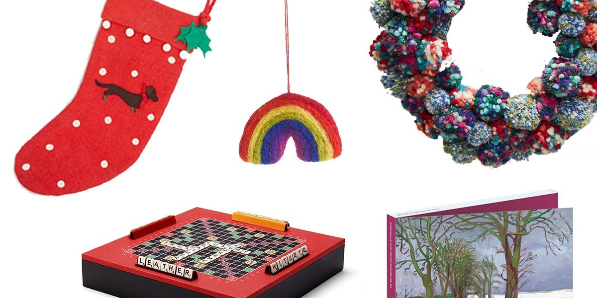 Banner image including festive wreath, christmas decorations, games and cards