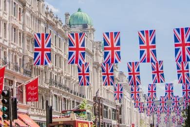 Union flags hanging over a street