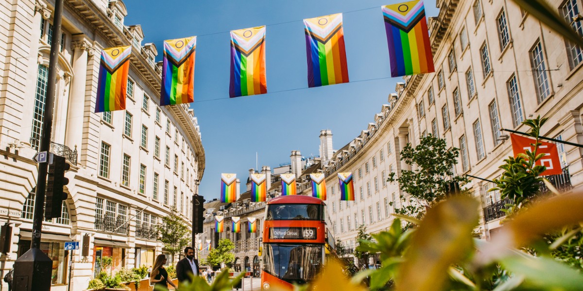 Pride flags lining Regent Street
