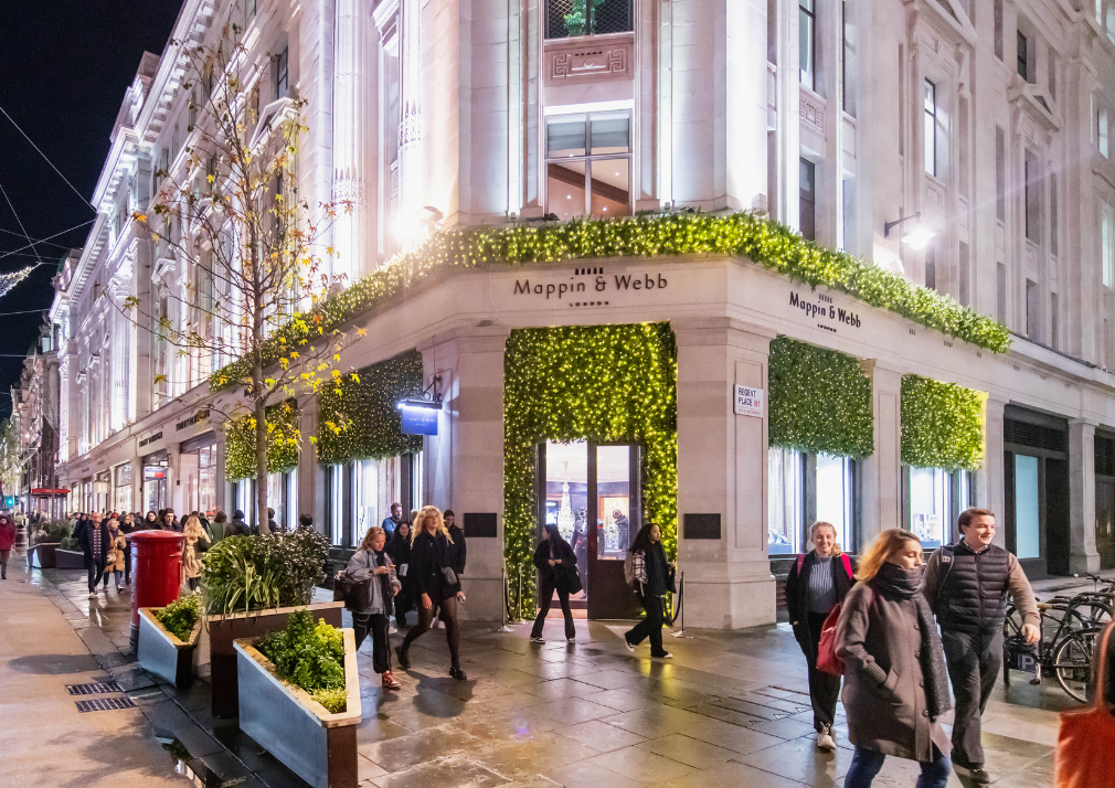 green festive decor on the exterior of Mappin & Webb