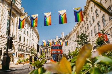 Intersex-Inclusive Pride flags hang about a street with a bus