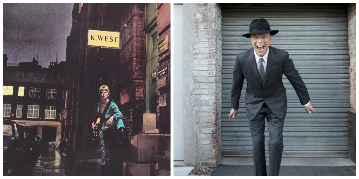 Collage of photos with The Rise and Fall of Ziggy Stardust album cover and a photo of David Bowie in New York